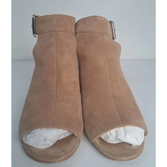 Nine West Tan Suede Leather Chunky Heels Size 7M Jazzyo Open Toe Ankle Buckle - Picture 2 of 8